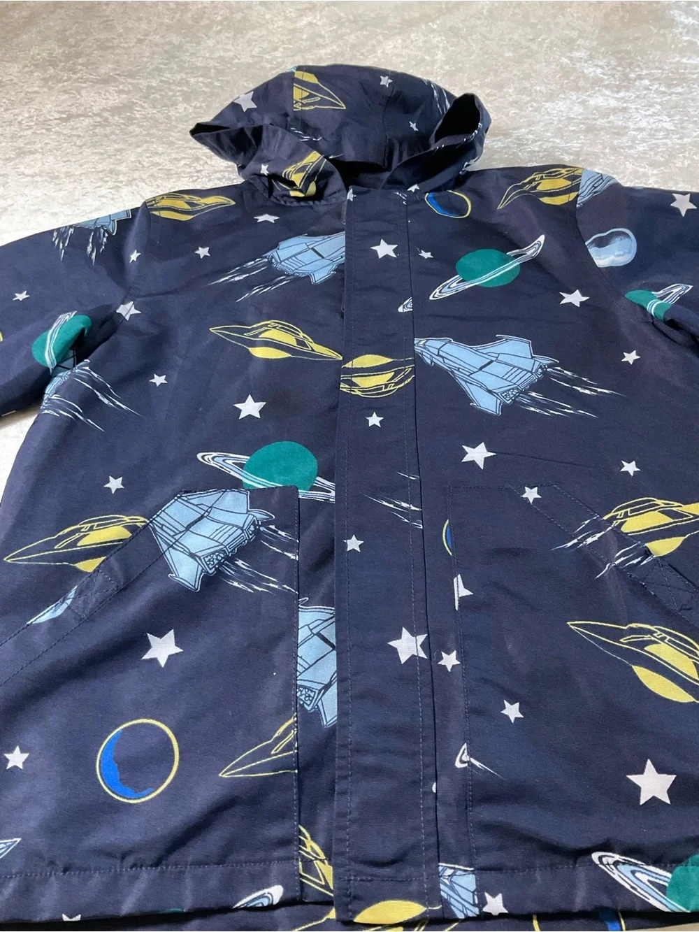 Gymboree Navy Space-Themed Hooded Raincoat with Yellow & Teal Accents